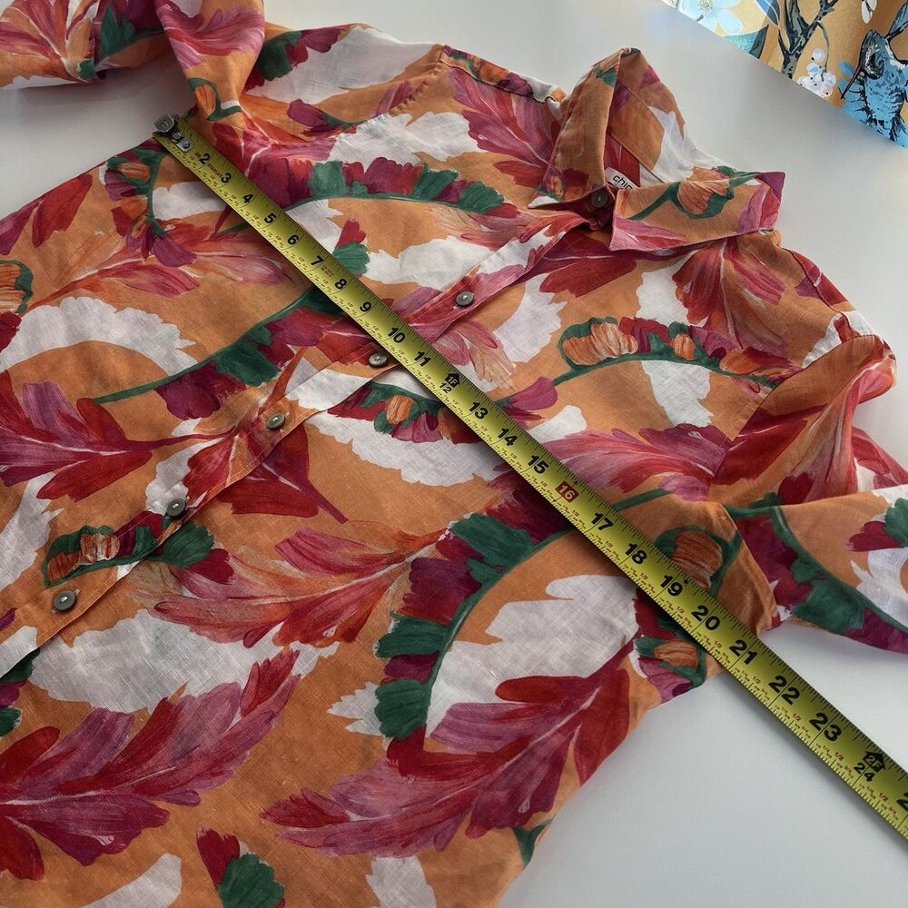 Chicos Shirt Women 1 US 8 Orange Pink Foliage Floral No Iron Linen 3/4 Sleeve - Picture 8 of 9